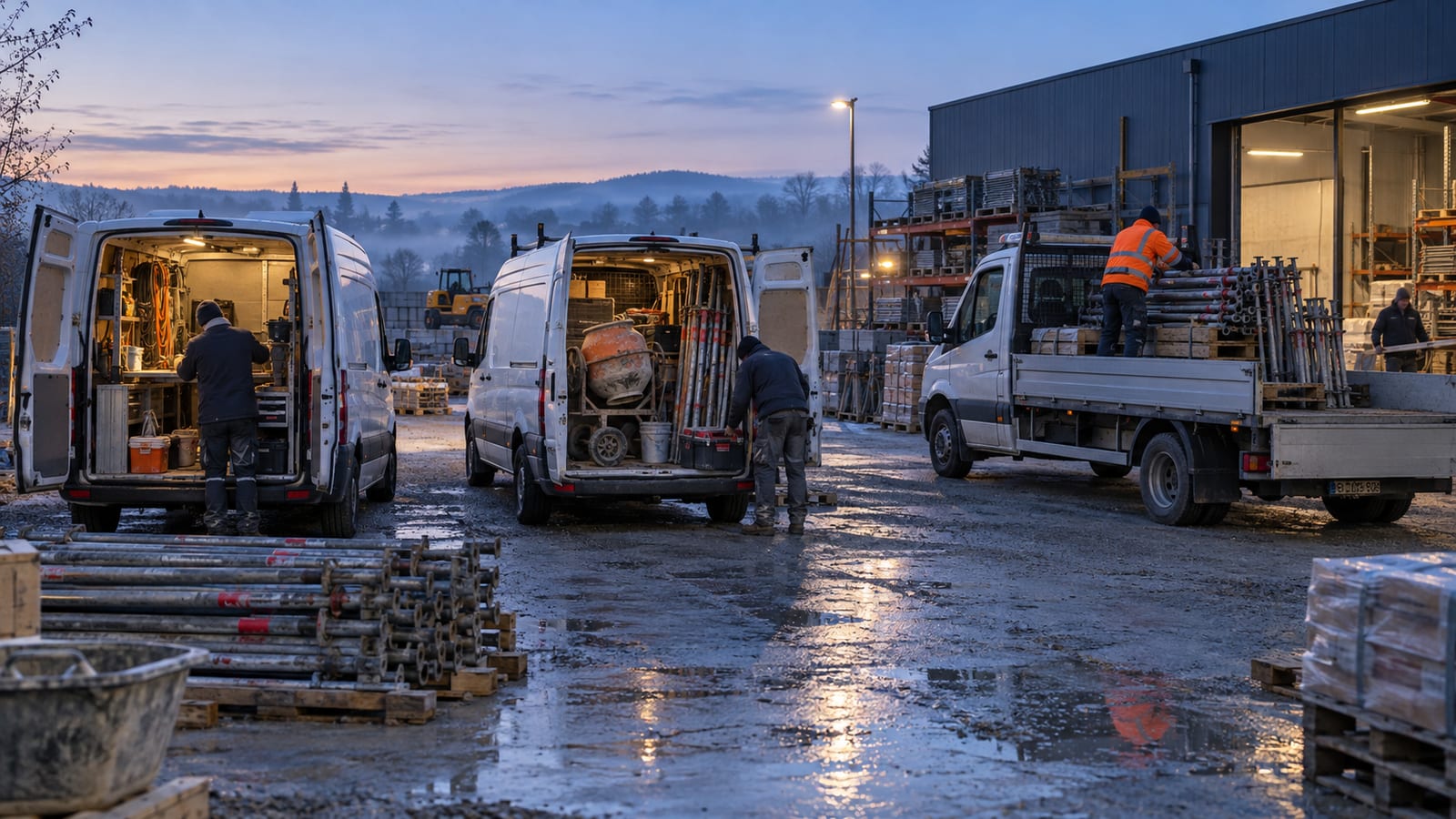 Deux fourgons et un camion plateau en cours de chargement dans la cour d'un dépôt d'entreprise du bâtiment, à l'aube.